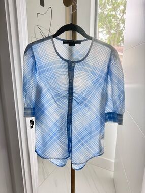 Veronica Beard Light Blue Plaid Sheer Button-Front Blouse